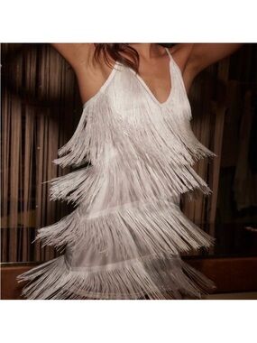 White Fringe Tiered Spaghetti Strap Dress